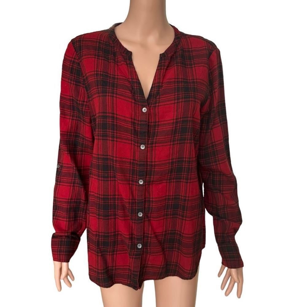 Calvin Klein Red And Black Plaid Button Down Shirt Blouse 100% Cotton Size L